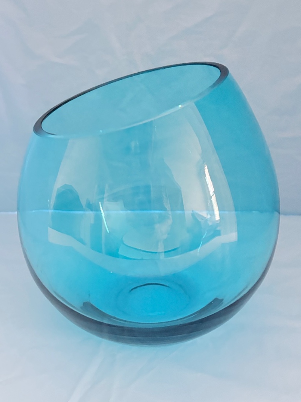 LSA International Peacock Blue Blown Glass Vase Slanted Rim made in Poland 8"